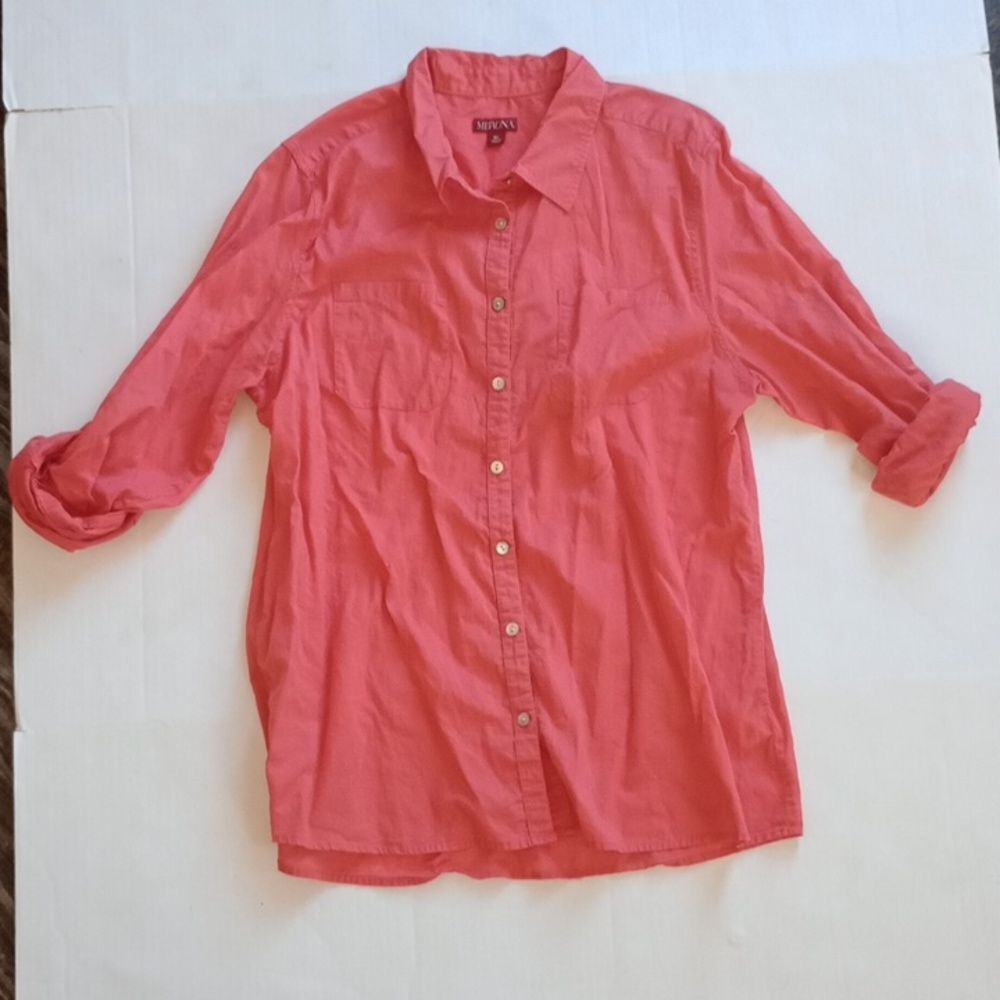 XL Merona Coral Long Sleeve Button-Down Dress Casual Solid Shirt Roll Sleeves